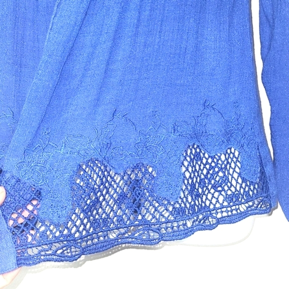 New Directions Lace Hem Blouse Royal Blue Button Front Long Sleeve Boho Chic S - Picture 5 of 6